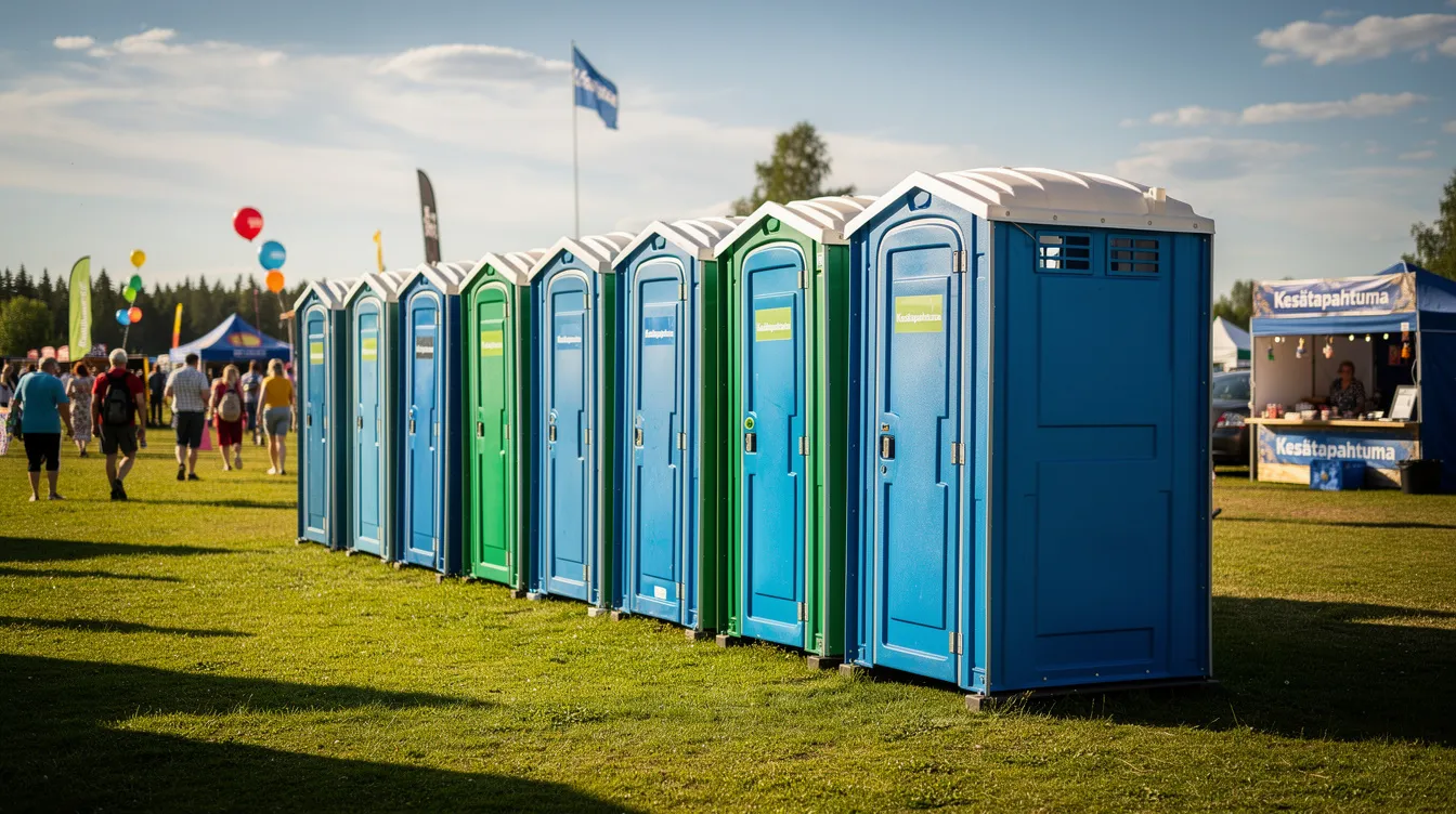Kuvassa on rivi siirrettäviä wc-koppeja vihreällä nurmikentällä kesätapahtumassa. Vessat ovat valkoisia ja ne tarjoavat kätevän mahdollisuuden tapahtuman kävijöille Helsingin alueella.