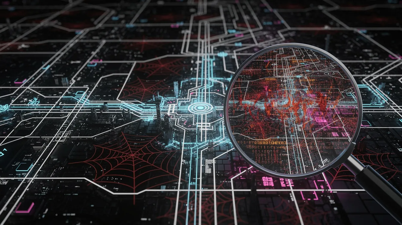 The image features an abstract digital landscape depicting a sprawling city power grid, with bright white grid lines overlaying a dark background. Subtle, glowing red "spider-web" patterns symbolize advanced persistent threats, while a digital magnifying glass highlights hidden malicious code, hinting at the potential for cyber attacks targeting critical infrastructure and sensitive data.