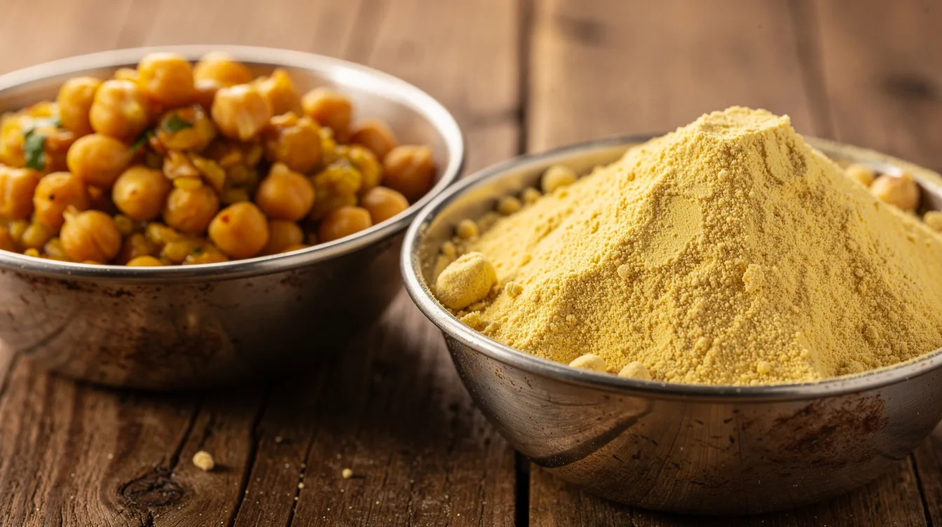 A close-up photograph features golden chickpea dal and besan flour displayed in metal bowls on a rustic wooden surface, highlighting the staple ingredients used in various dishes. This image captures the essence of high-quality gram flour, essential for many culinary applications.