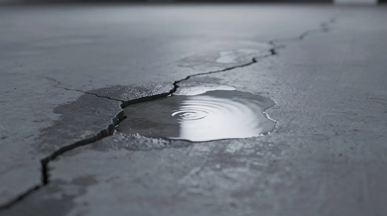 Water is pooling on a concrete floor near a noticeable crack in the foundation, indicating a potential plumbing emergency. This situation may require immediate attention from experienced and certified plumbers to prevent further damage to the home's plumbing system.
