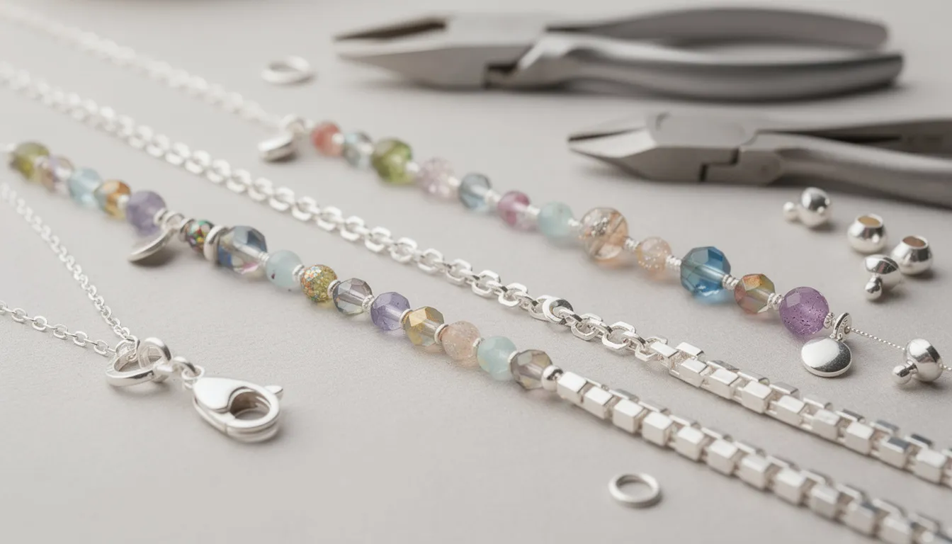 The image showcases a selection of beautiful sterling silver necklaces, ideal for adding silver beads. Various chain styles, including box chains and fine beading chains, are displayed, emphasizing their excellent quality and suitability for different bead sizes, making them perfect pieces for any occasion.