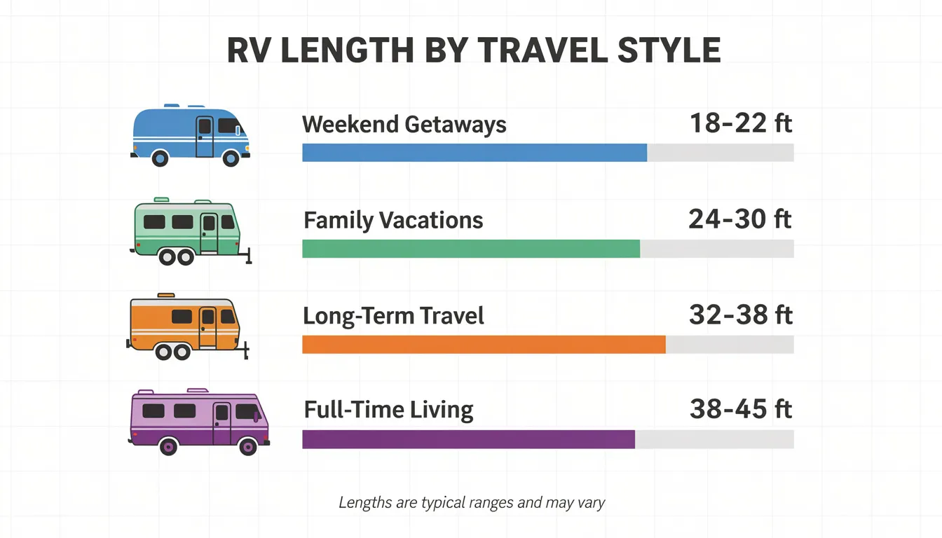 The image depicts various RV lengths categorized by travel style, showcasing different types such as class A motorhomes, class C RVs, and towable RVs like fifth wheels and travel trailers. Each RV type is illustrated with features like sleeping arrangements, storage options, and space for solo travelers or families, highlighting how the right RV size can enhance weekend getaways or long trips.