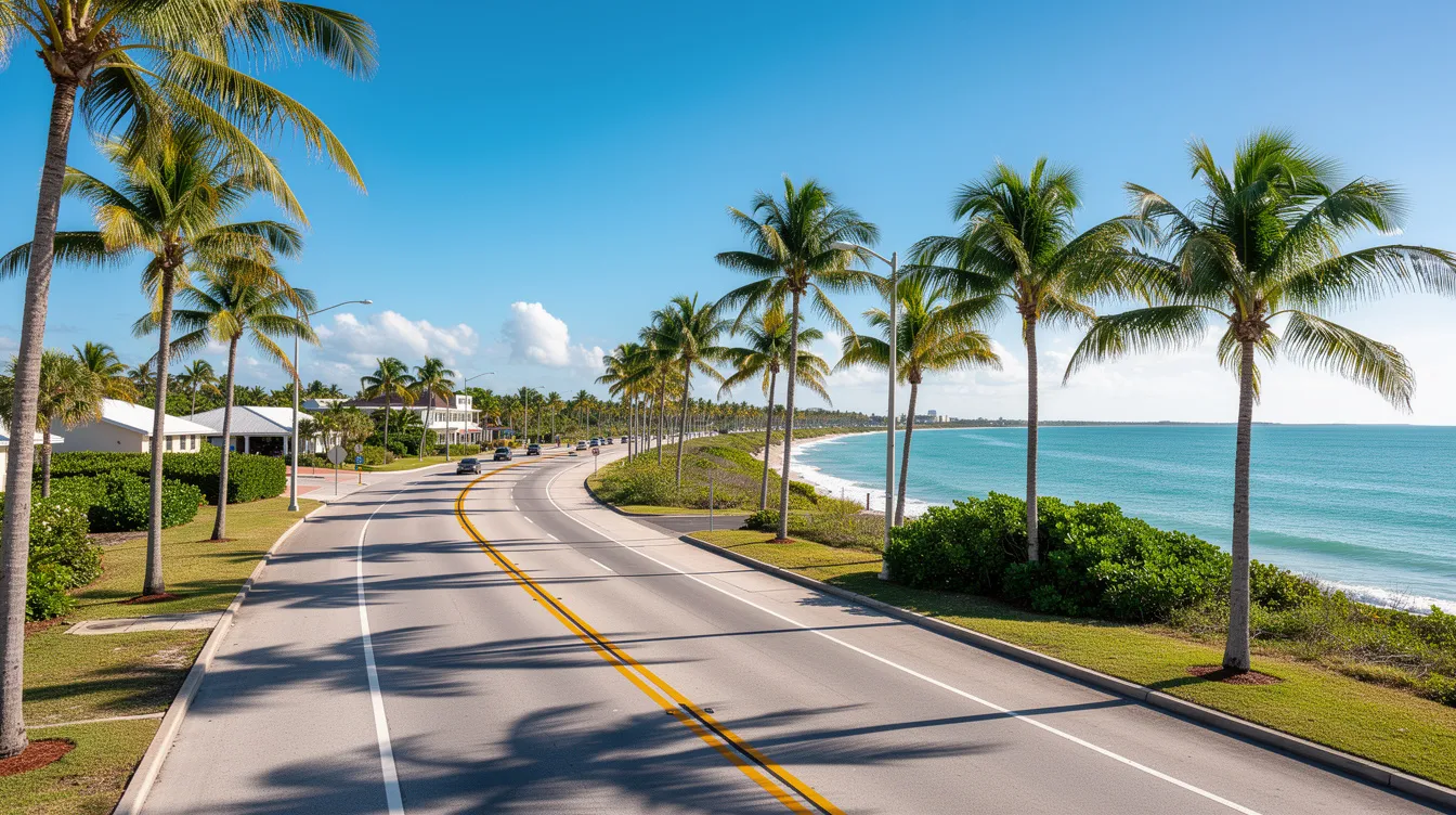 The image depicts a scenic coastal highway in Florida lined with tall palm trees under clear blue skies, ideal for seasonal travelers enjoying the snowbird lifestyle. This picturesque route is perfect for those considering auto transport services to safely ship their vehicles to warmer climates.