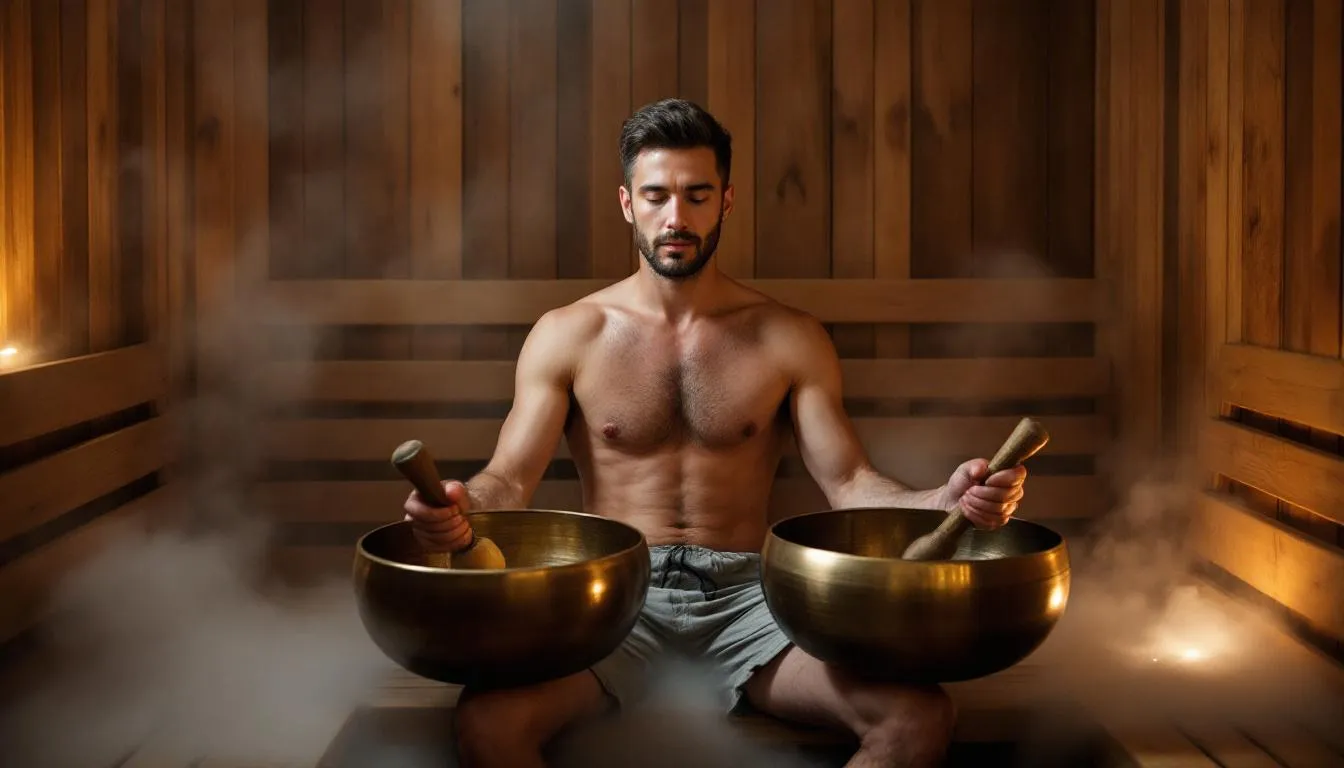 A man is sitting in a sauna, gently striking Tibetan singing bowls to create soothing tones that fill the space, promoting deep relaxation and sound healing. The sound vibrations from the bowls enhance his meditation practice, fostering emotional balance and overall well-being.