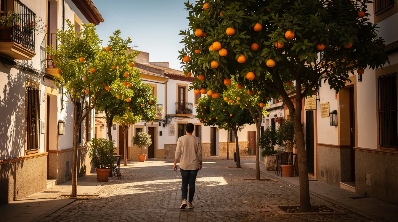 Spanish Citizenship: Complete Guide to Routes, Requirements and Recent Legal Changes 1 A person strolls through a sunny street in Spain, surrounded by vibrant orange trees that line the path, capturing the essence of Spanish culture and lifestyle. The warm sunlight enhances the picturesque scenery, reflecting the charm of Spanish territory and its natural beauty.