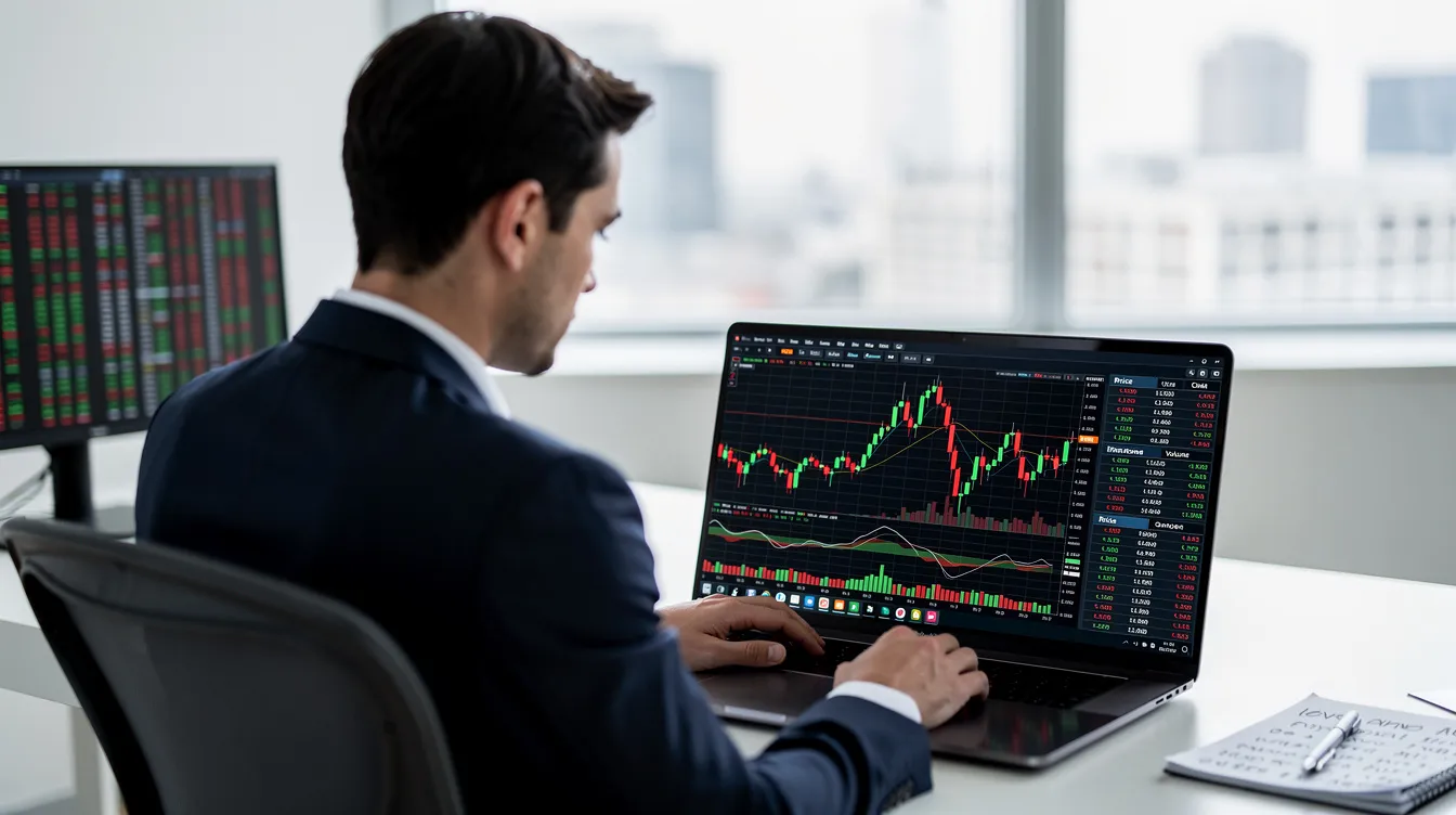 A professional trader is intently analyzing trading data on a laptop screen, which displays various crypto market charts and indicators. The scene captures the essence of cryptocurrency trading, highlighting the importance of market analysis and trading strategies for making informed decisions in the volatile crypto market.