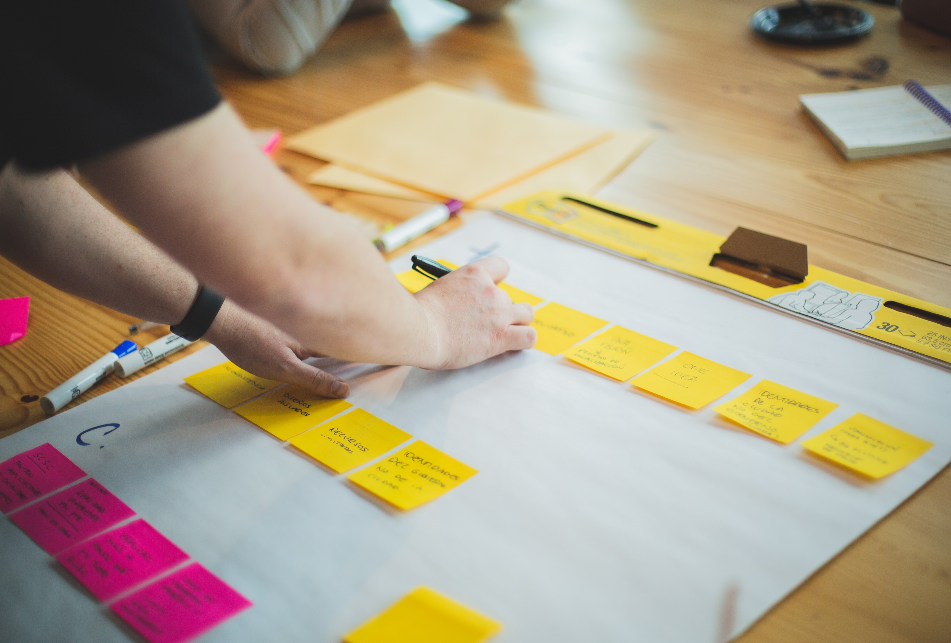 Une jeune femme, dont on ne voit que les mains, est en train de coller des post-it de couleurs jaune et rose sur une grande feuille.
Il est important de définir les objectifs de l'entreprise avant de chercher à bâtir une image de marque.