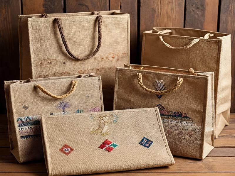 A picture showing decorated jute bags with embroidered designs and rope handles, displayed in front of a wooden wall on a wooden floor.