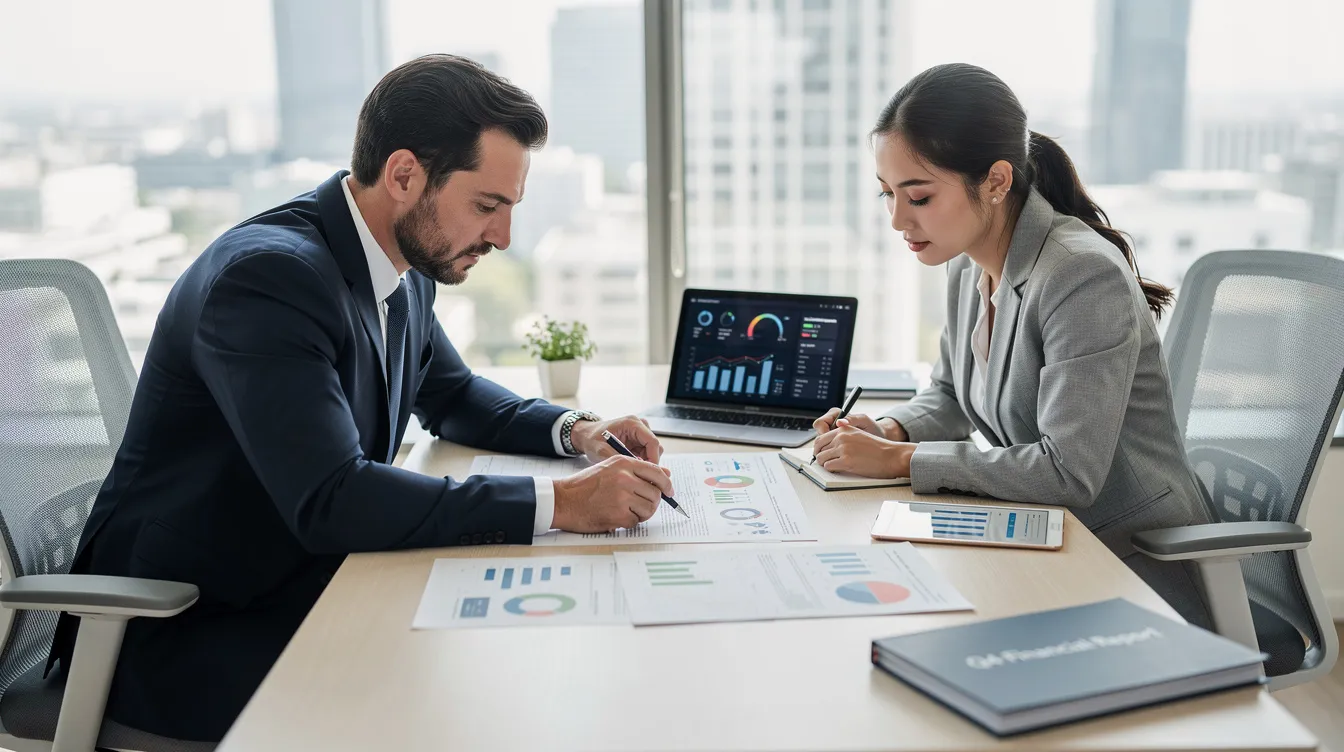 The image shows two business professionals engaged in a detailed discussion while reviewing financial documents and spreadsheets at a desk, likely assessing costs related to a dairy processing plant setup. Their focus suggests they are analyzing aspects crucial to the dairy industry, such as operational costs and potential investments in value-added dairy products.