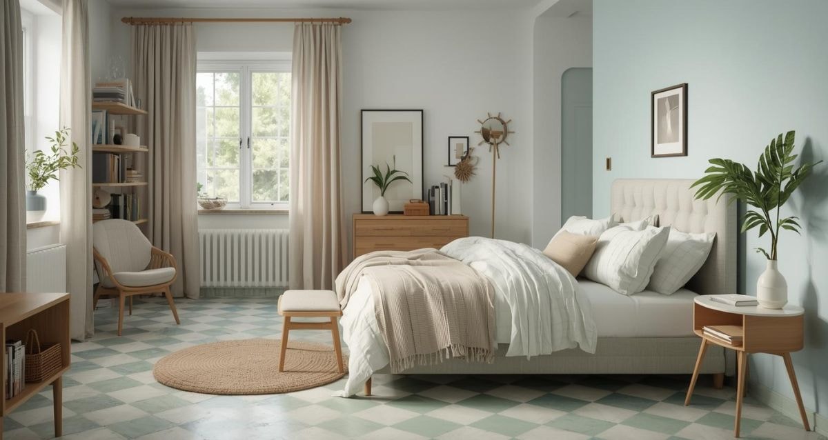Checkerboard tiles on a bedroom floor