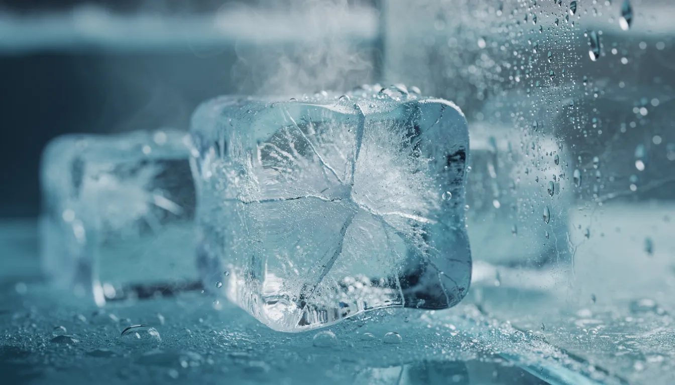 The image depicts a close-up view of ice cubes submerged in clear water, showcasing their intense cold temperature. This visual highlights the concept of cold exposure, which is often associated with benefits like muscle recovery, improved blood circulation, and enhanced mental clarity in wellness routines.