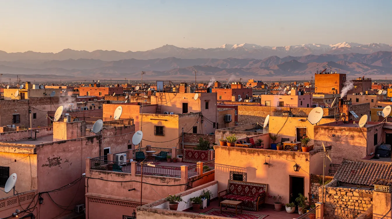 The image showcases a panoramic view of Marrakech's rooftops bathed in the warm glow of the golden hour, with the majestic Atlas Mountains rising in the background. This vibrant scene reflects the rich Moroccan culture and the city's unique blend of traditional values and modern life.