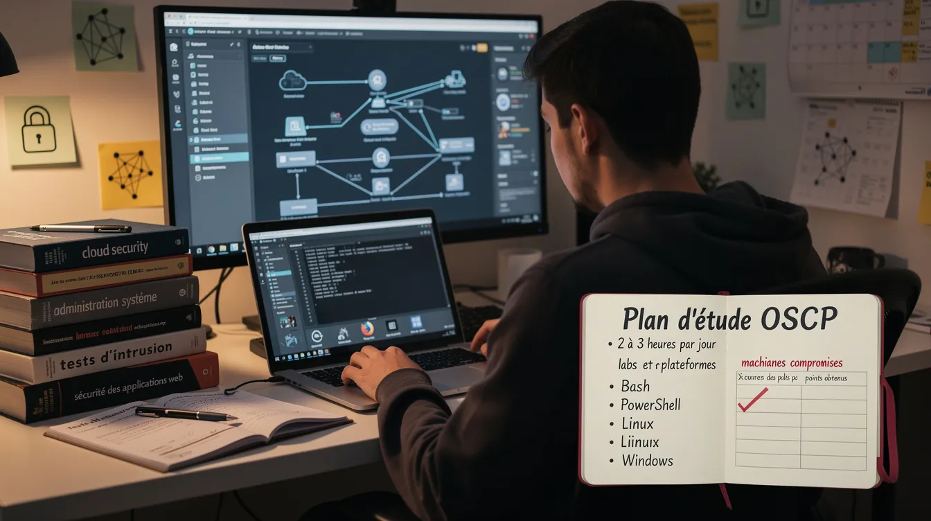 Un étudiant en cybersécurité élabore un plan d'étude structuré pour préparer la certification OSCP, en intégrant des sessions pratiques sur Kali Linux et des environnements virtuels. Il prend en compte le temps consacré à l'étude et mesure régulièrement ses progrès, afin de renforcer ses compétences en tests d'intrusion et en sécurité offensive.