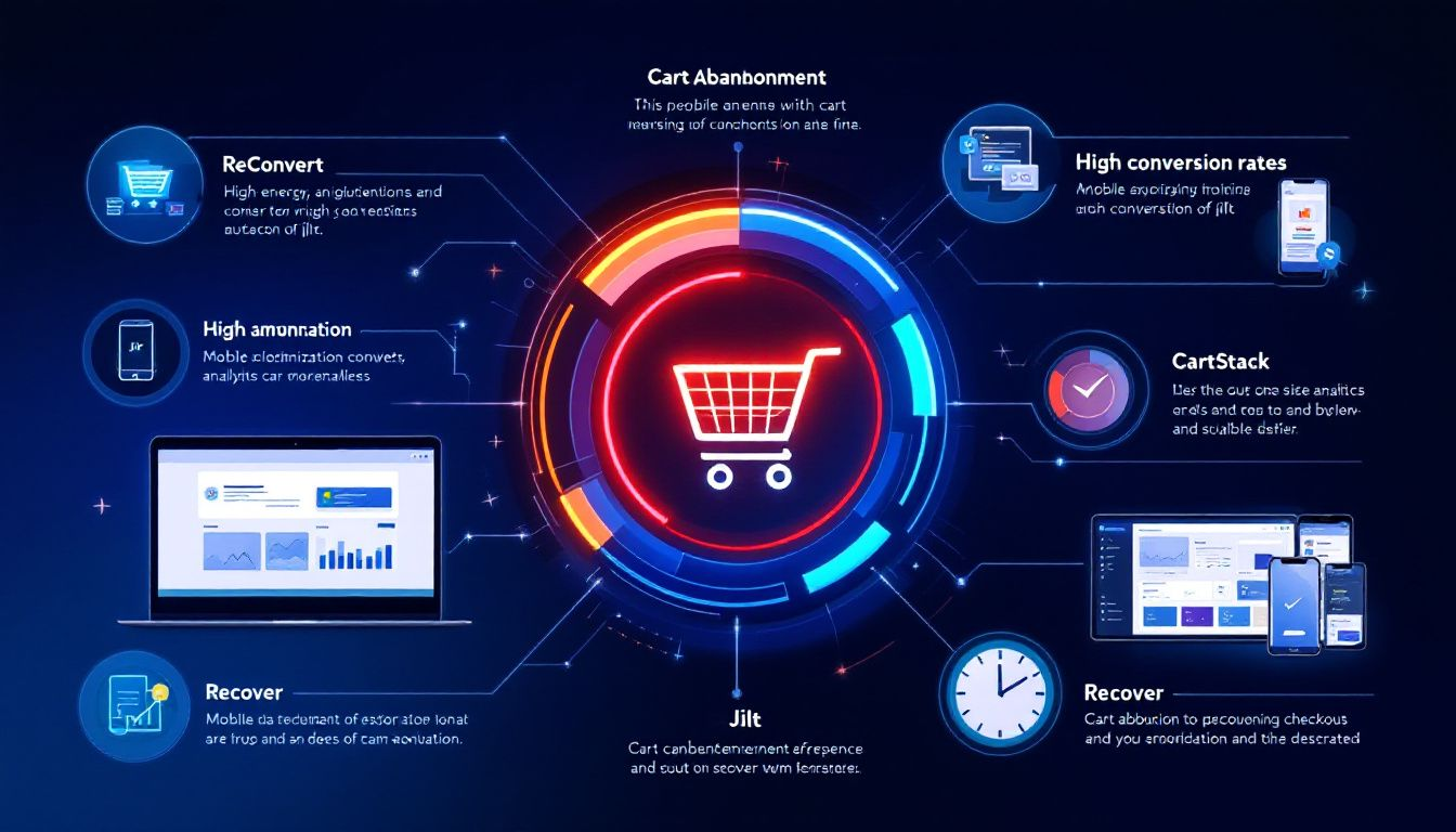 A collage of various cart abandonment software solutions available for ecommerce stores.