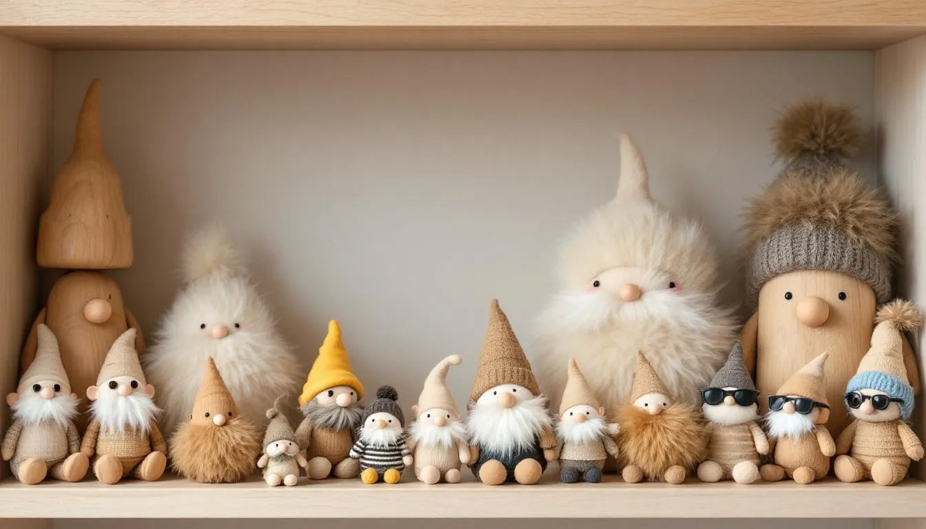 The image features a charming display of various types of gonks, including wooden, plush, and accessorized versions, all arranged together, evoking a cosy winter solstice atmosphere. These whimsical gnomes, inspired by Scandinavian mythology, are perfect for adding a festive touch to your Christmas tree or home decor.