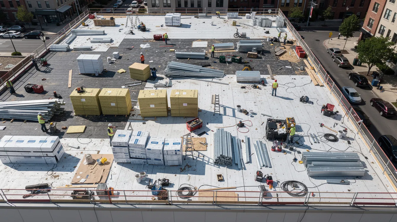 An aerial view shows a commercial building undergoing renovation, with various construction materials and tools scattered across the roof. This image represents the dynamic environment of small businesses seeking funding and resources to expand and improve their operations.