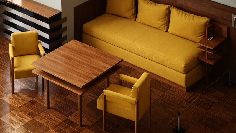 Wood vinyl is wrapped on table and on floor