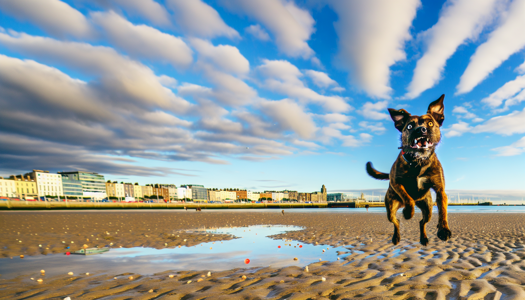 Dog playing on Sandymount Strand with Dublin city view