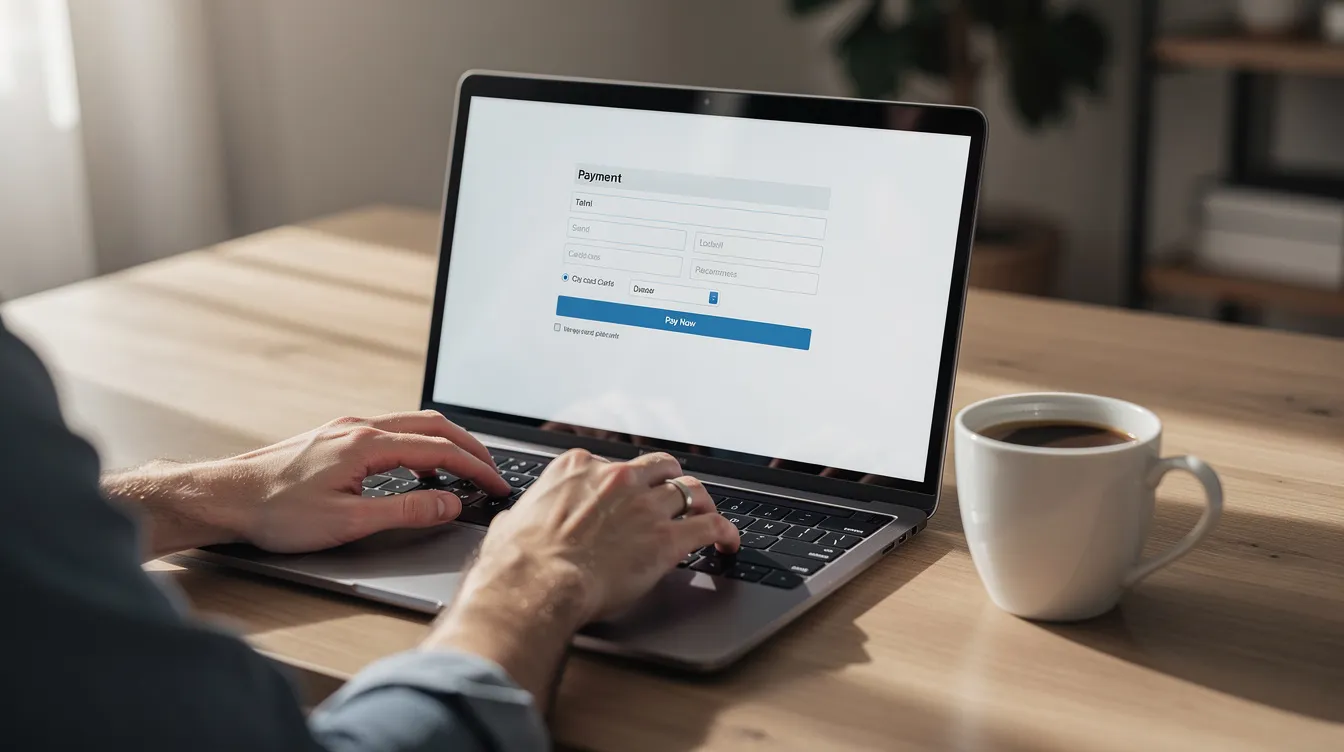 A person is sitting at a laptop, focused on completing an online payment form, with a coffee cup placed beside them. This scene captures the convenience of online banking, as they prepare to transfer money, possibly to their loved ones in Pakistan, using their bank account details.