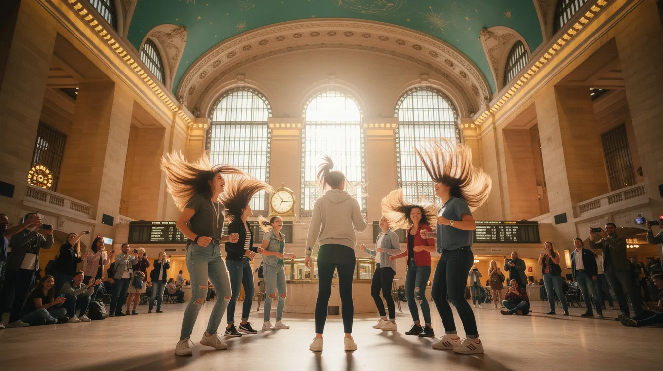 In the bustling Grand Central Station, a group of enthusiastic participants engages in the "Hair Flip Challenge," capturing the vibrant energy and excitement of the moment. This lively scene reflects the brand's story, showcasing personal stories and emotional connections that resonate with the target audience.