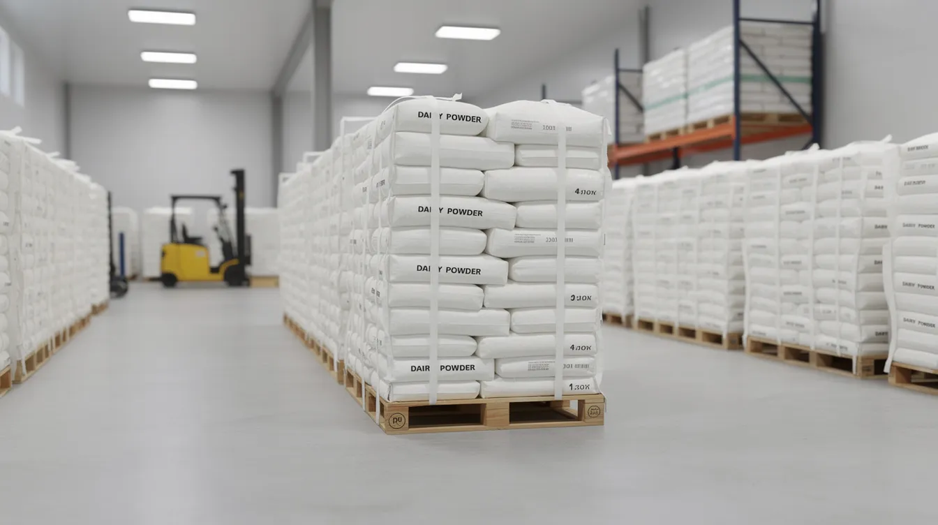 886ae643 32da 4fbe bcb9 774442e21e5d The image shows neatly stacked large bulk bags of white dairy powder, likely whey protein, in a clean warehouse setting, with a forklift positioned in the background. This scene highlights the organized storage and handling of whey products, essential for the whey protein manufacturing plant's efficiency and profitability.