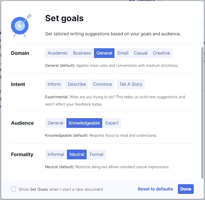 Screenshot of Grammarly's goal setter.