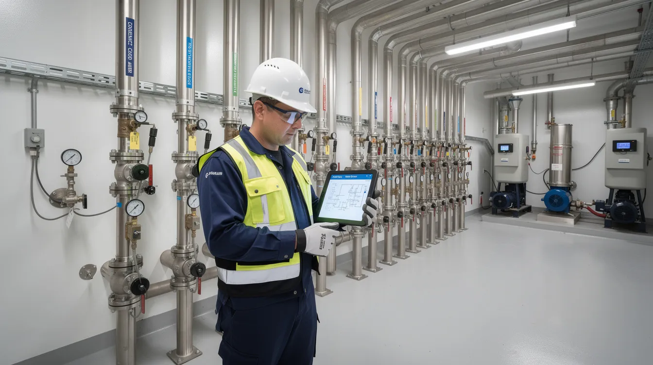 A technician is inspecting valves and piping in a clean mechanical room that supports a large building's water system, ensuring proper maintenance to prevent legionella growth and reduce the risk of legionnaires disease. The environment is organized and well-lit, highlighting the importance of routine checks in managing potable water systems.