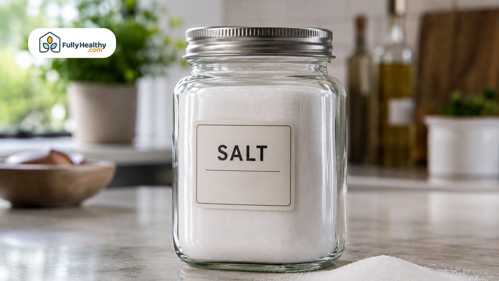 Glass jar filled with refined table salt on a bright kitchen countertop.