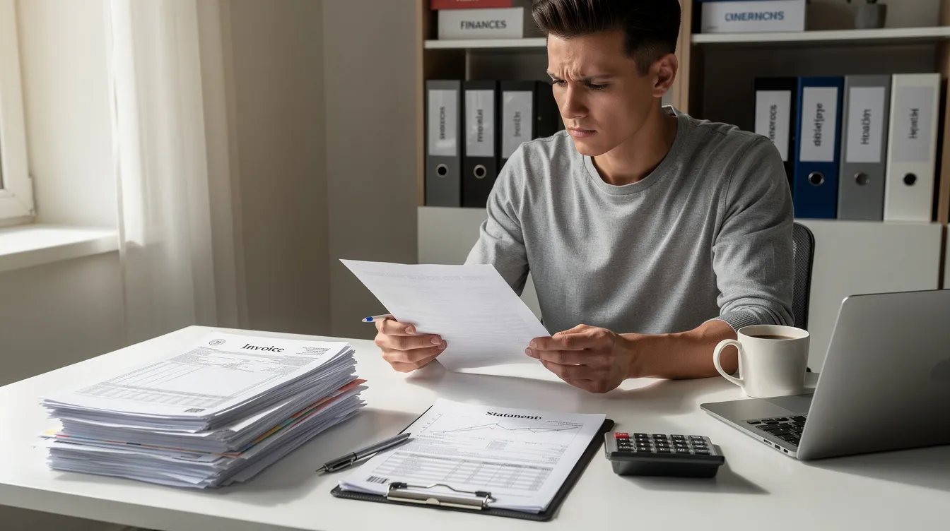 A person is seated at a desk, carefully reviewing financial documents alongside health insurance forms, highlighting the complexities of navigating the healthcare system. This scene reflects the importance of understanding medical care and insurance coverage in relation to health outcomes in both the Canadian and American systems.