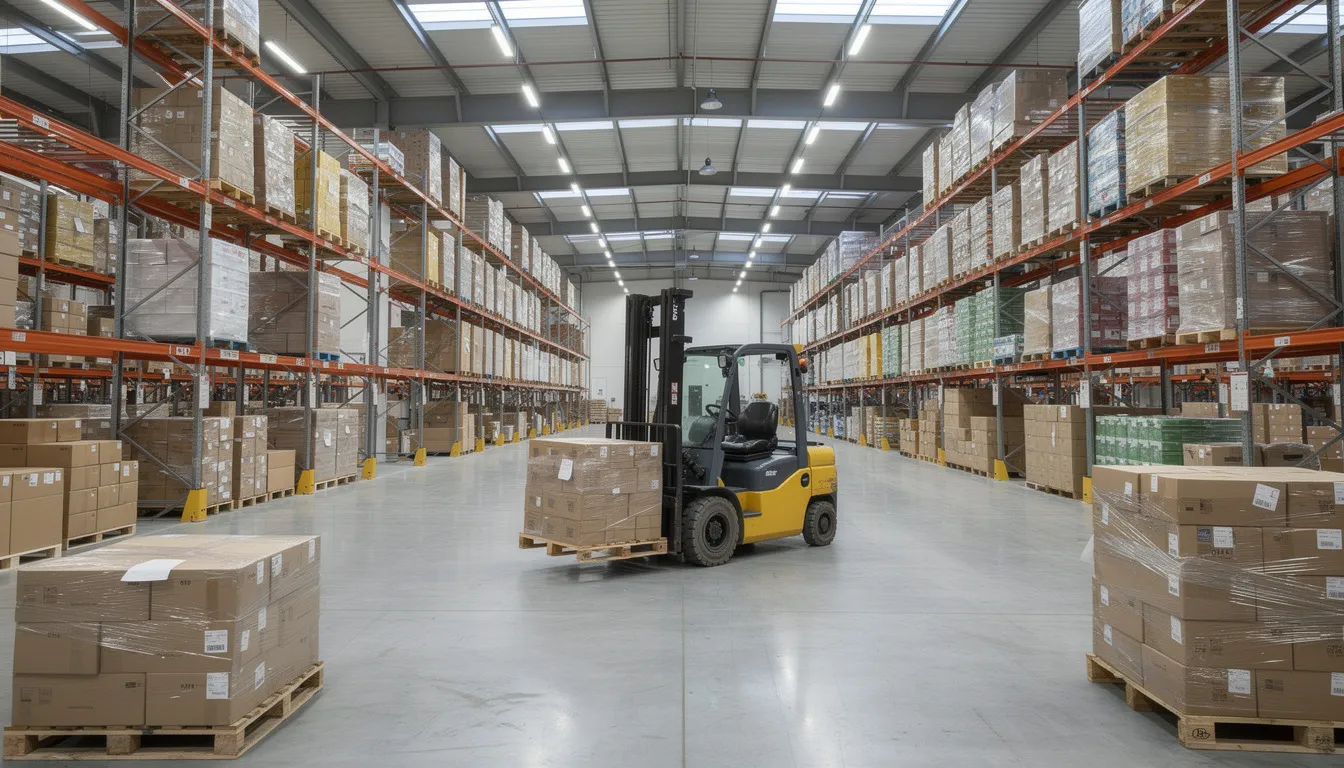 Na zdjęciu znajduje się hala magazynowa, w której wózek widłowy przemieszcza się pomiędzy paletami towarów. W kontekście zarządzania płynnością finansową, takie miejsce może być wsparte usługami faktoringowymi, które pomagają przedsiębiorcom w szybkim uzyskaniu płatności za faktury.