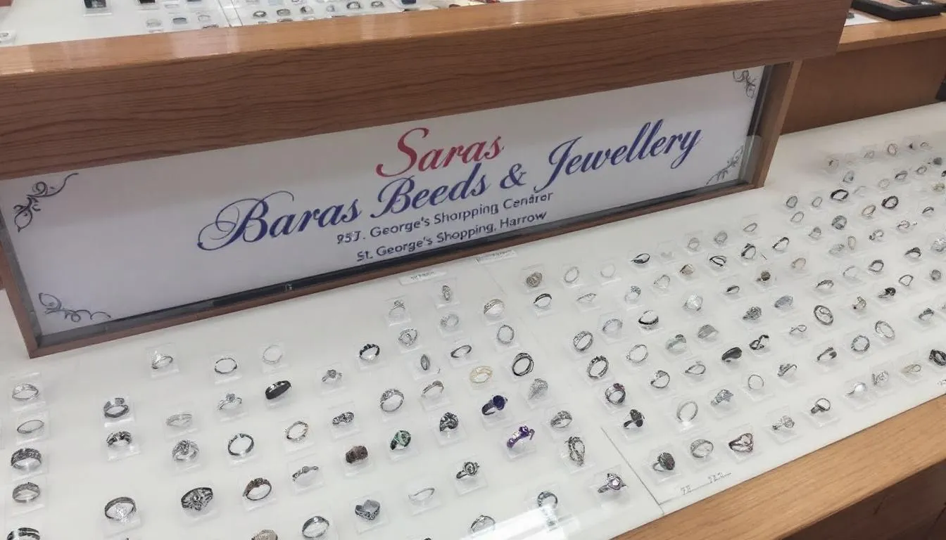 The image showcases a vibrant display of 925 sterling silver rings available at Saras Beads & Jewellery in St. George's Shopping Centre, Harrow. The collection features various styles, including chunky silver rings and stacking rings adorned with colorful gemstones like amethyst, garnet, and sapphire, perfect for any occasion.