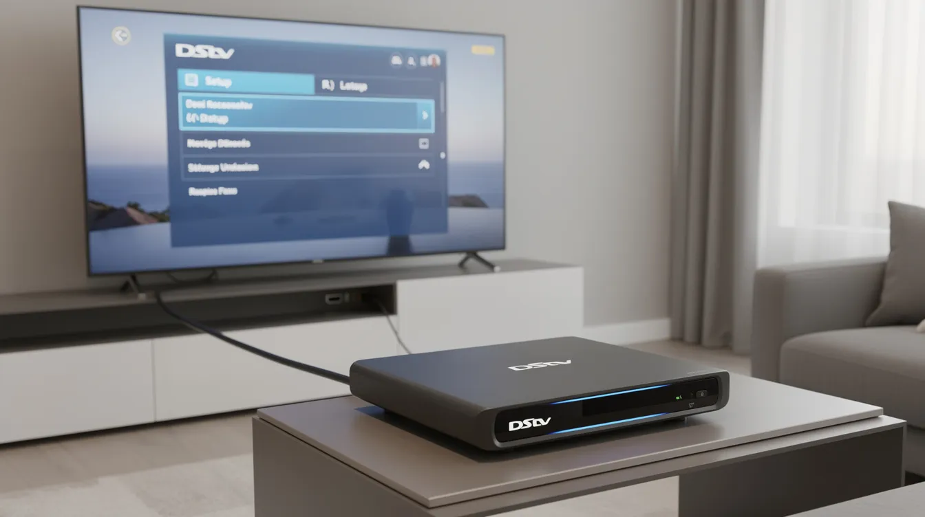 The image depicts a newly installed DSTV decoder connected to a television via an HDMI cable, showcasing the setup process typical of professional DSTV installation services. The scene highlights the quality workmanship of accredited DSTV installers, ensuring a seamless viewing experience.