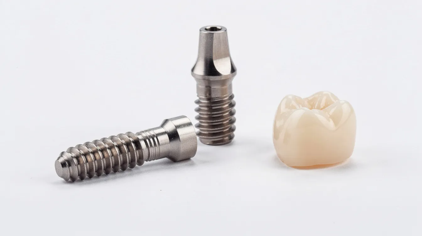 The image shows a close-up view of a titanium dental implant fixture, abutment, and a porcelain crown neatly arranged on a clean white surface, illustrating components essential for dental implant treatment. This setup highlights the importance of high-quality dental implants in restoring oral health and replacing missing teeth.