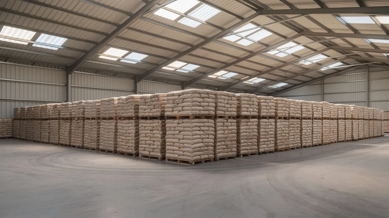 The image depicts a large warehouse interior filled with neatly stacked grain bags on wooden pallets, illuminated by natural light filtering through a ventilated roof. This grain storage facility showcases an efficient storage system designed to maintain grain quality and protect against moisture and pest infestation.