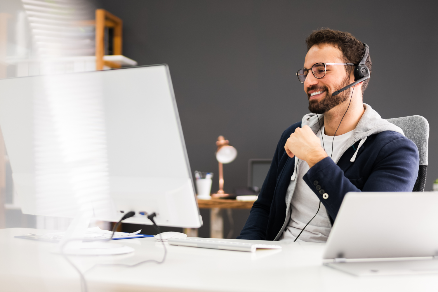 A business owner on a video call.