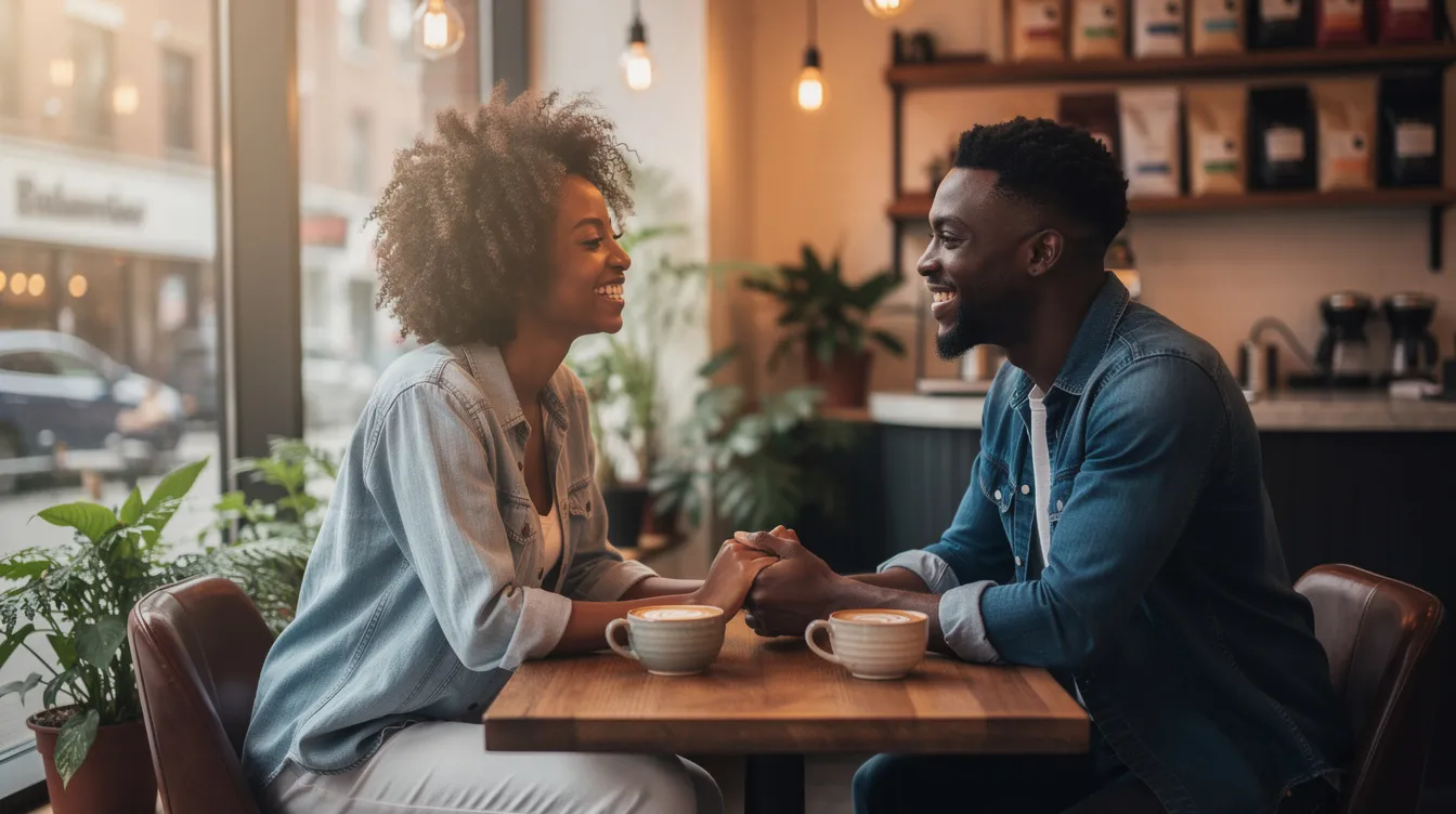 A black couple is sitting together in a cozy coffee shop, holding hands and sharing a warm smile, enjoying each other's company on a romantic date night. The intimate atmosphere is perfect for deep conversation and creating special memories.