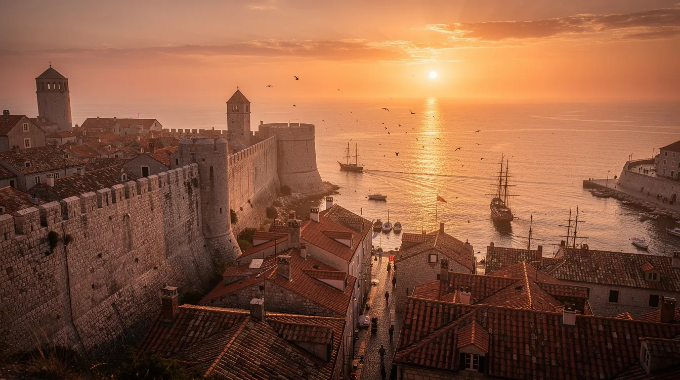 O pôr do sol ilumina uma cidade costeira histórica, com muralhas antigas e o mar ao fundo, criando uma atmosfera serena e encantadora. Essa cena, típica da Croácia, destaca a beleza do clima mediterrâneo e a rica cultura da região.