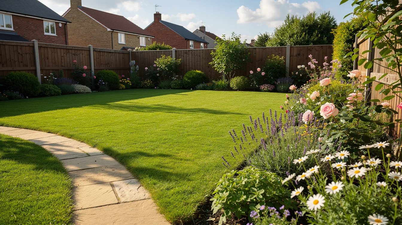 The image depicts a vibrant, lush green lawn in a sunny UK back garden, featuring a neatly laid garden path and a colorful flower border. This healthy lawn showcases strong roots and new grass growth, ideal for year-round lawn care and maintenance.
