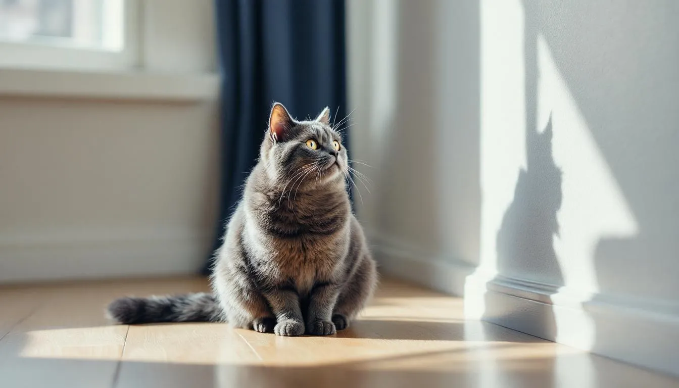 Een oudere kat staart doelloos naar een muur tijdens de dag, wat kan wijzen op cognitieve dysfunctie of symptomen van dementie bij de kat. Dit afwijkend gedrag kan een teken zijn van veroudering en mogelijke medische oorzaken die aandacht vereisen.
