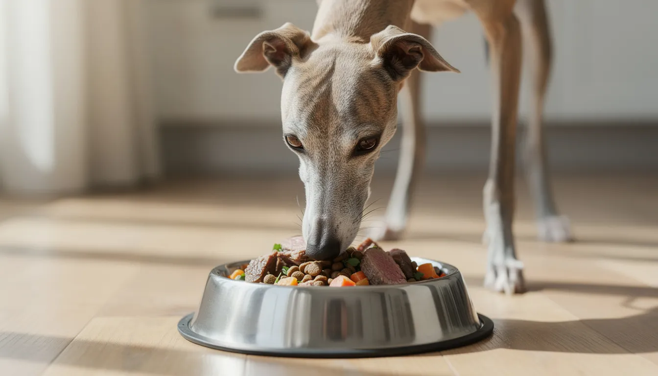 A gentle greyhound dog is enjoying high-quality dog food from a bowl, showcasing the breed's elegant features and calm demeanor. This image highlights the greyhound dog breed as a great family pet, known for its sensitive nature and affectionate temperament.