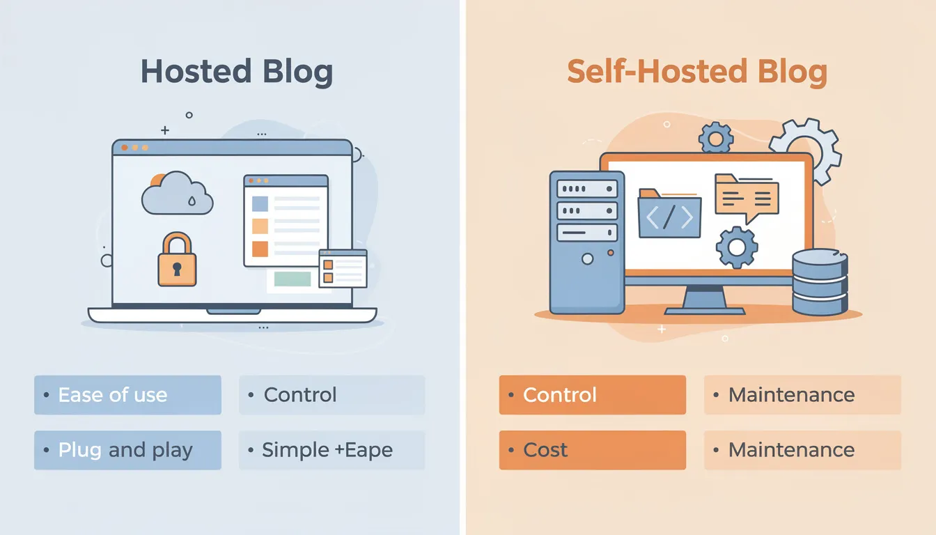 The image compares hosted and self-hosted blogging platforms, showcasing elements like a WordPress blog interface, custom domain options, and various blogging tools. It highlights the benefits of each type, emphasizing aspects like control, security, and the ability to publish blog posts efficiently.