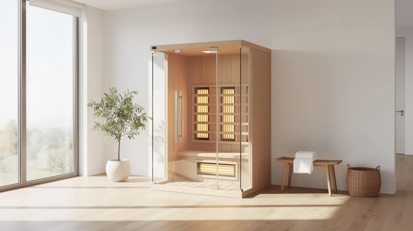 A modern infrared sauna cabin is elegantly installed in a bright home interior, showcasing the benefits of indoor sauna installations. The sleek design emphasizes the growing trend of home wellness retreats, allowing for a relaxing experience within the comfort of one's own space.