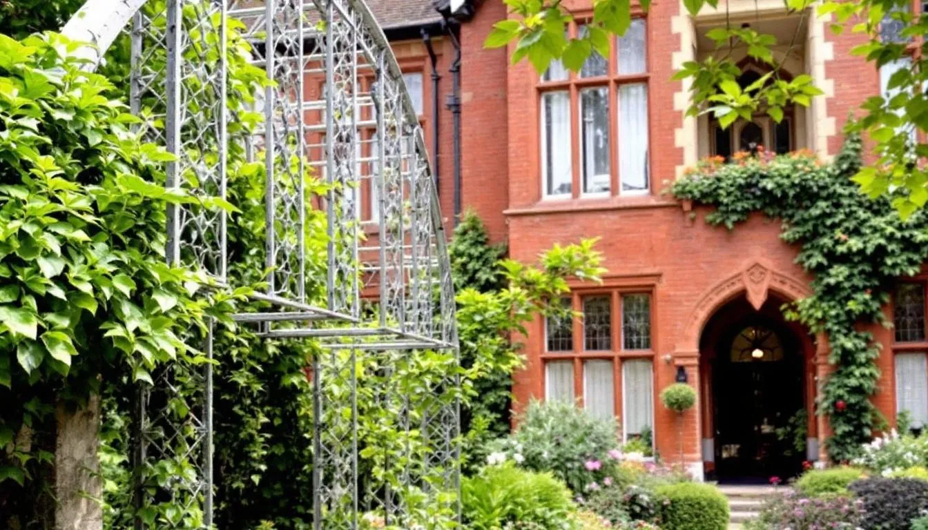 The image depicts William Morris's Red House, showcasing the intricate garden trellises that inspired his renowned Trellis pattern, a hallmark of the arts and crafts movement. The scene captures the essence of Morris's iconic designs, reflecting his influence as a British textile designer and artist.