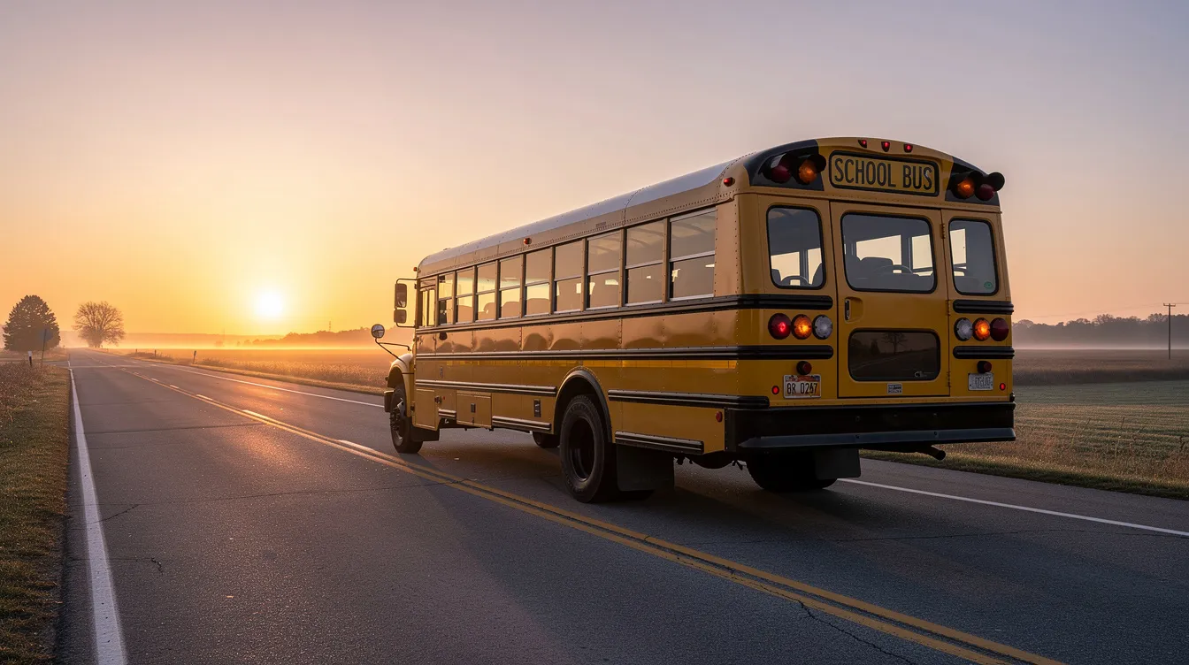 The image shows a yellow school bus parked on an empty road during the early morning sunrise, symbolizing the early school start times that contribute to chronic sleep deprivation among teens. The warm glow of the sunrise highlights the importance of good sleep habits for students, as they prepare for a day of learning after a night of insufficient rest.