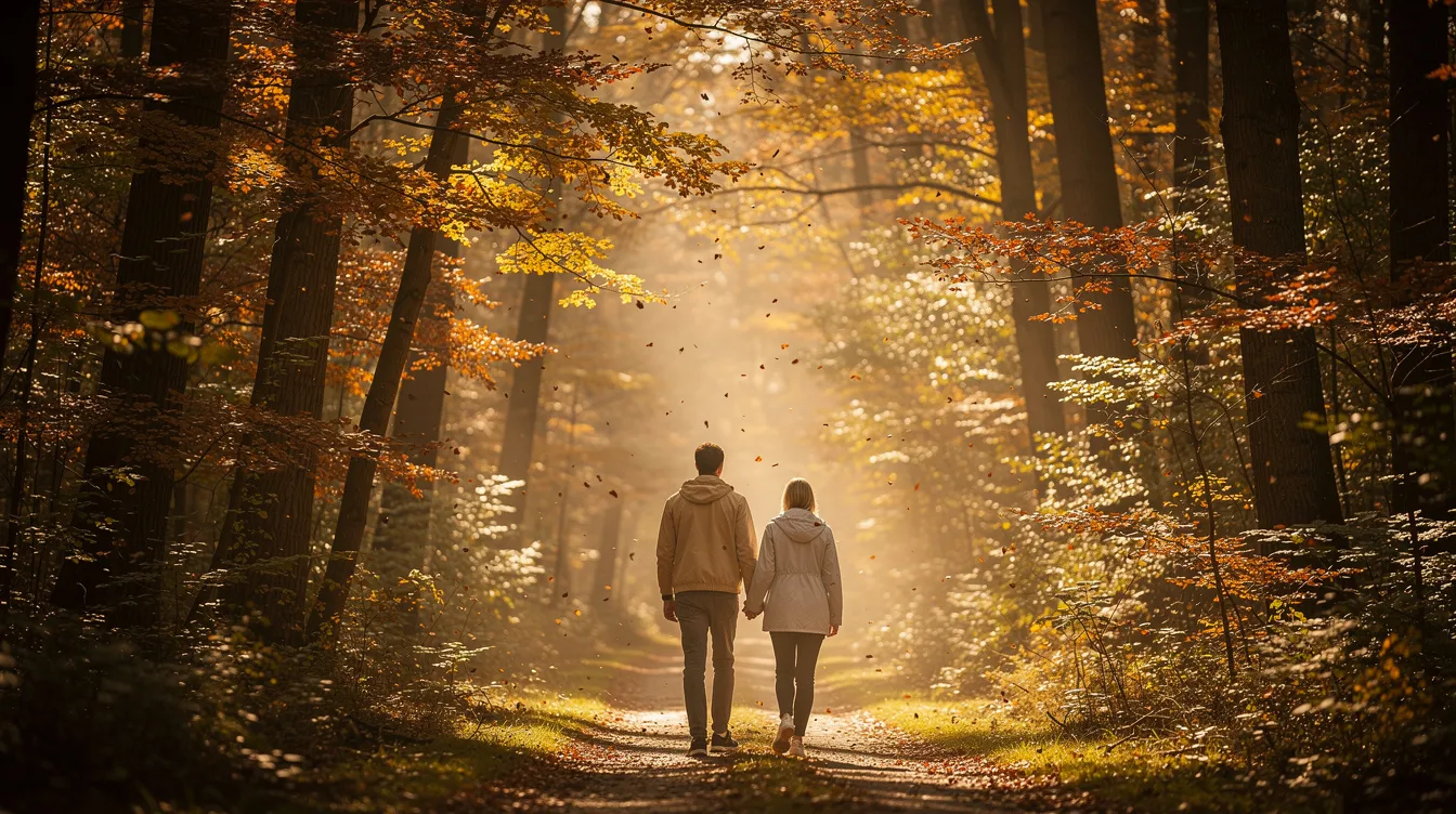 Two people stroll together along a woodland path illuminated by the warm light of autumn, symbolizing the journey of individuals seeking support and recovery from behavioral addictions, including porn addiction and other mental health issues. Their companionship reflects the importance of community and continued support in overcoming challenges related to mental health and addiction.