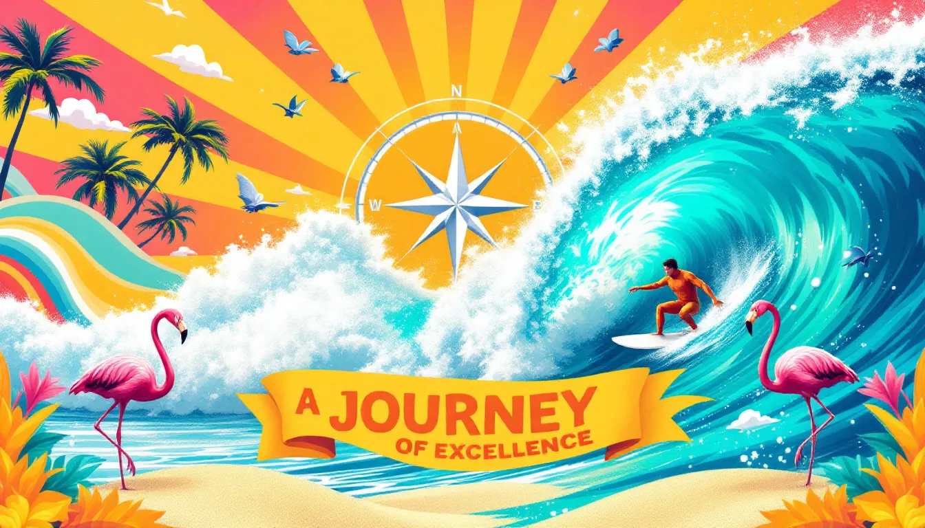 A journey of excellence represented by scenic surfing imagery.