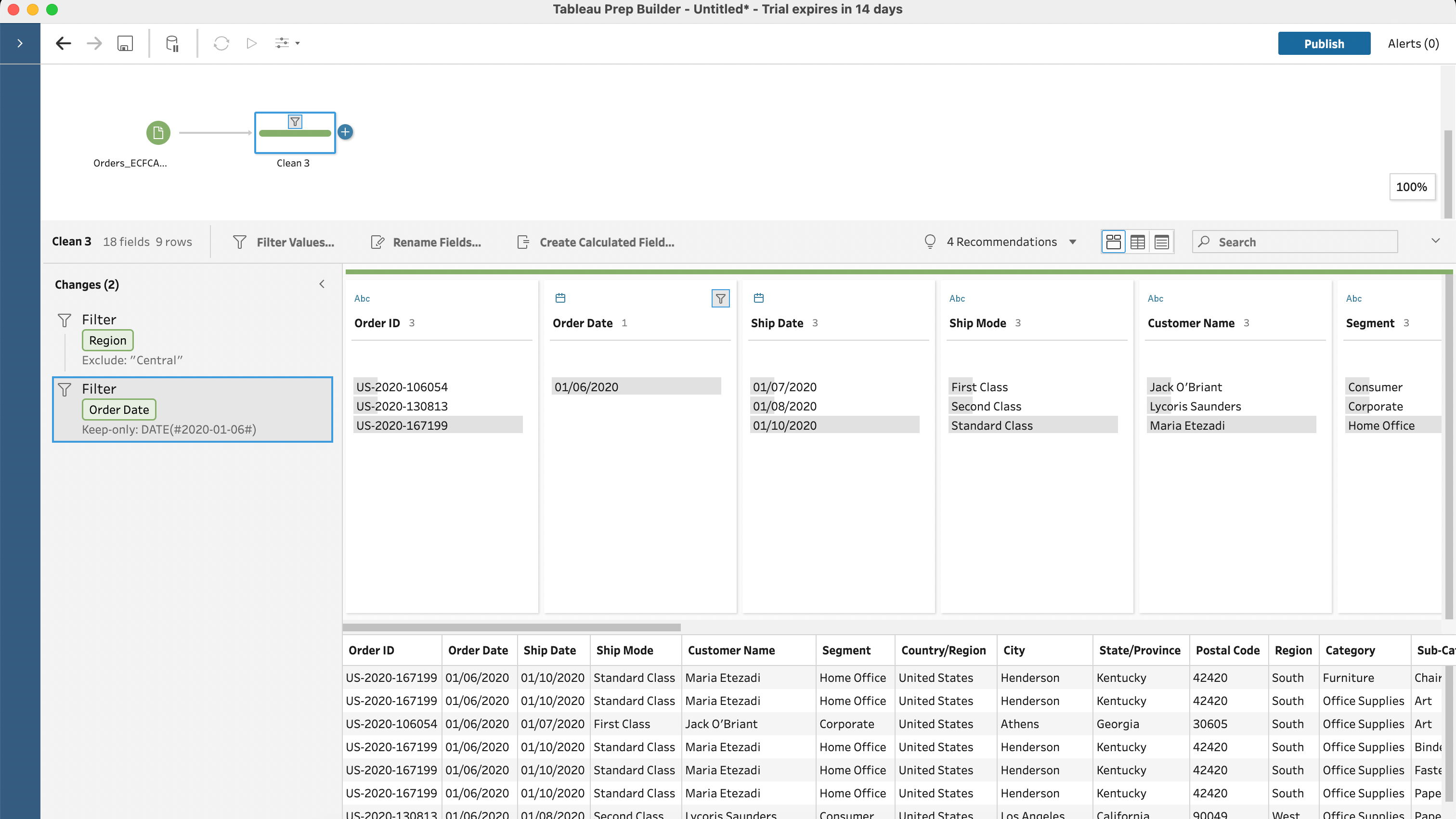 Example of cleaning step in Tableau Prep