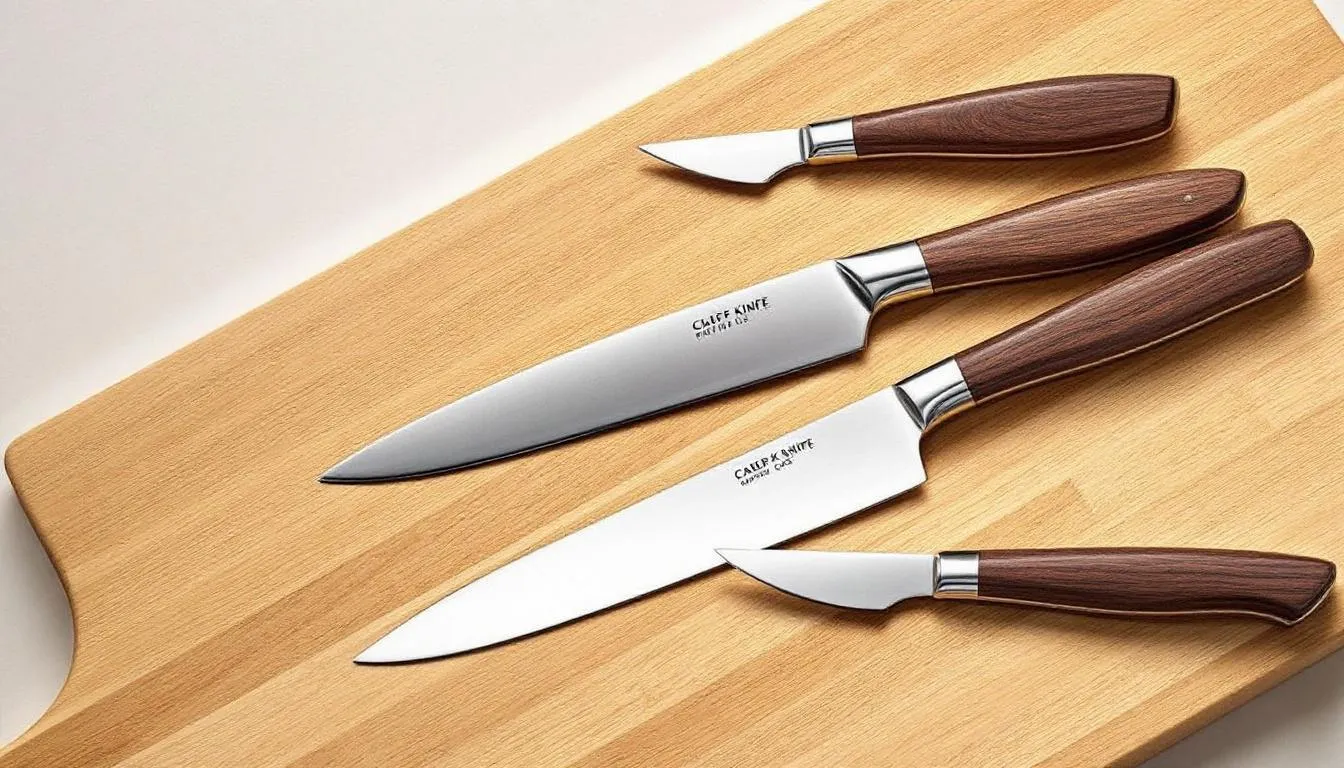 Na eleganckiej drewnianej desce znajduje się zestaw noży kuchennych, idealny jako świąteczny prezent dla każdego miłośnika gotowania. Ten oryginalny upominek z pewnością ucieszy bliską osobę podczas świąt Bożego Narodzenia.