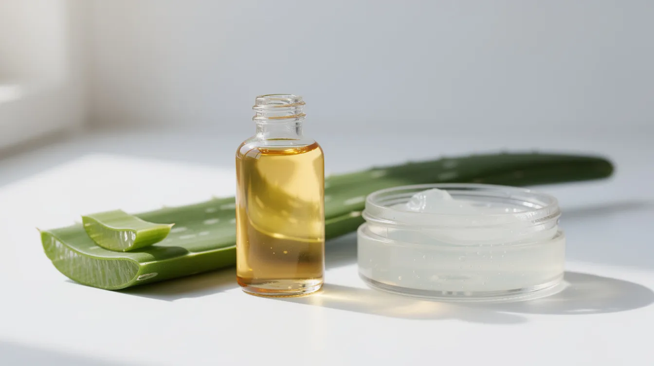 A small glass bottle filled with golden carrier oil sits next to a clear jar of pure aloe vera gel, with a fresh aloe vera plant nearby, all arranged on a clean white surface. This setup highlights the natural ingredients used for skincare, showcasing the healing properties of aloe vera for various skin types.
