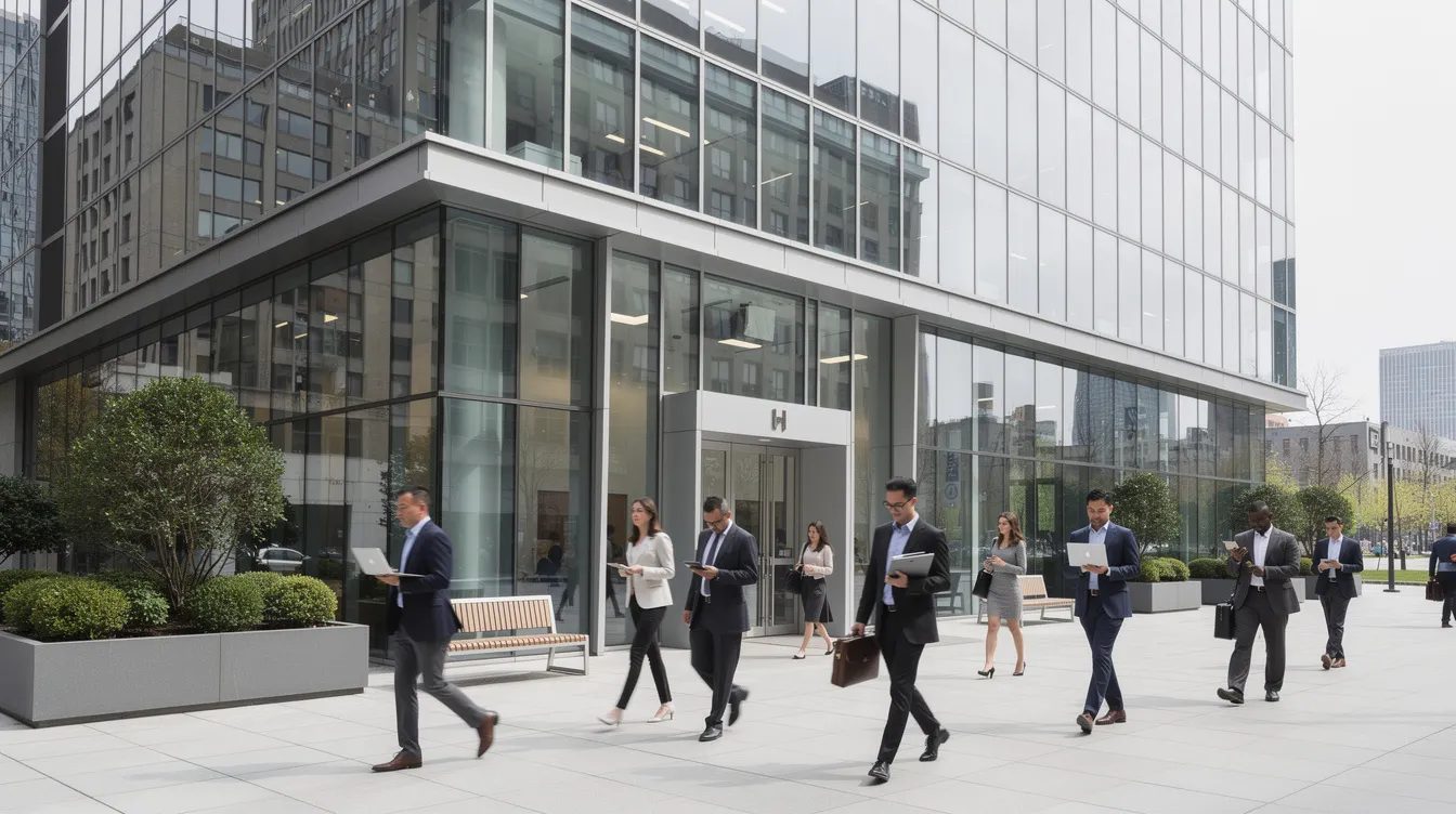 The image depicts a modern office building with sleek glass exteriors, surrounded by professionals in business attire walking nearby, likely engaged in discussions about venture capital investments or private equity funds. The bustling scene reflects the dynamic environment of corporate venture capital and emerging growth companies in a vibrant business district.
